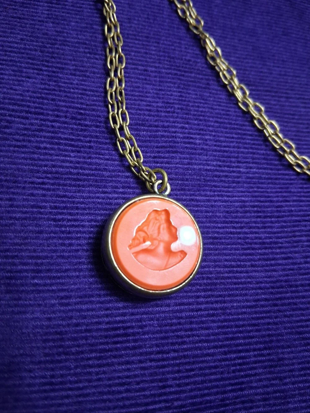 Vintage EXTASIA Intaglio Cameo Necklace Orange Coral Opaque Glass Artisan Made